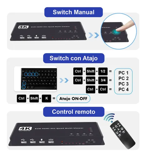 Switch Kvm 4 Pc 1 Monitor Hdmi 4k Mouse Teclado Megan Tech