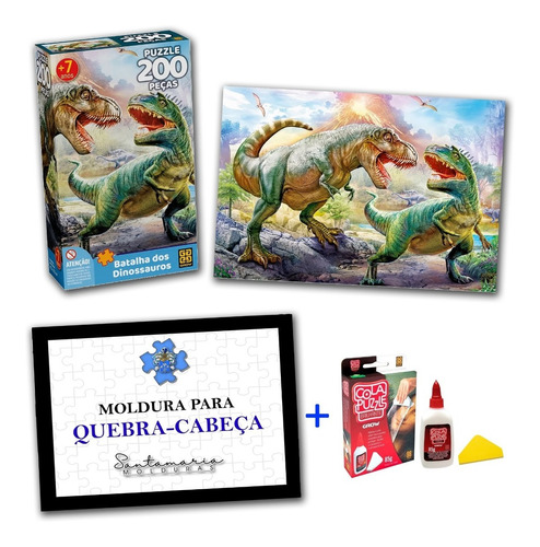 Kit Quebra-cabeça Batalha Dino + Moldura + Cola Puzzle Grow