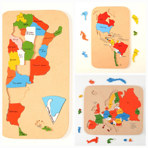 3 Rompecabezas De Madera: Europa + América + Argentina