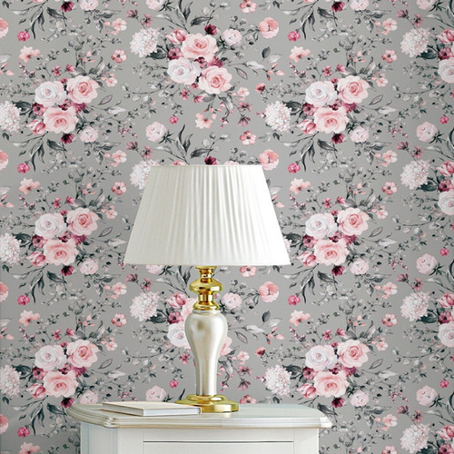 Papel Parede Floral Cinza Flores Lavavel Rolo 5 Mts Adesivo