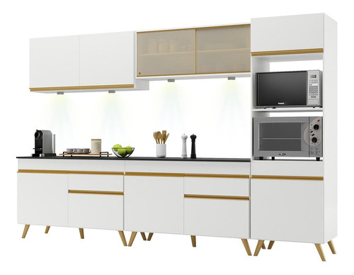 Armário Cozinha Compacta 302cm Veneza Up Multimóveis V2014 Cor Branco/dourado