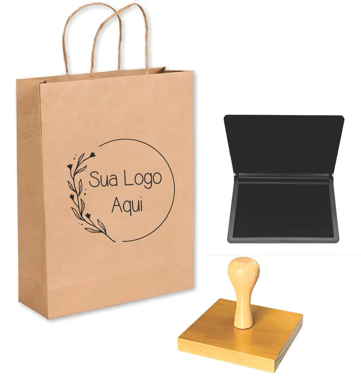Carimbo 6x6 Cm Personalizado + Almofada Para Sacola Kraft Tinta Preto Exterior Mel