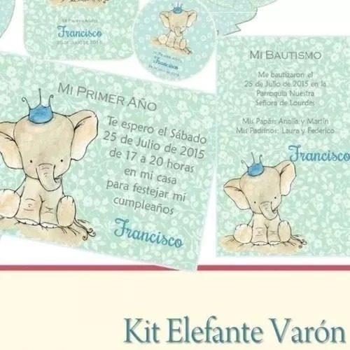 Kit Imprimible Elefante Varón Bautismo Cumpleaños Infantiles