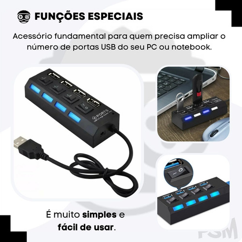 Régua Usb 2.0 Extensão Hub Switch Led Abre 4 Portas Divisor