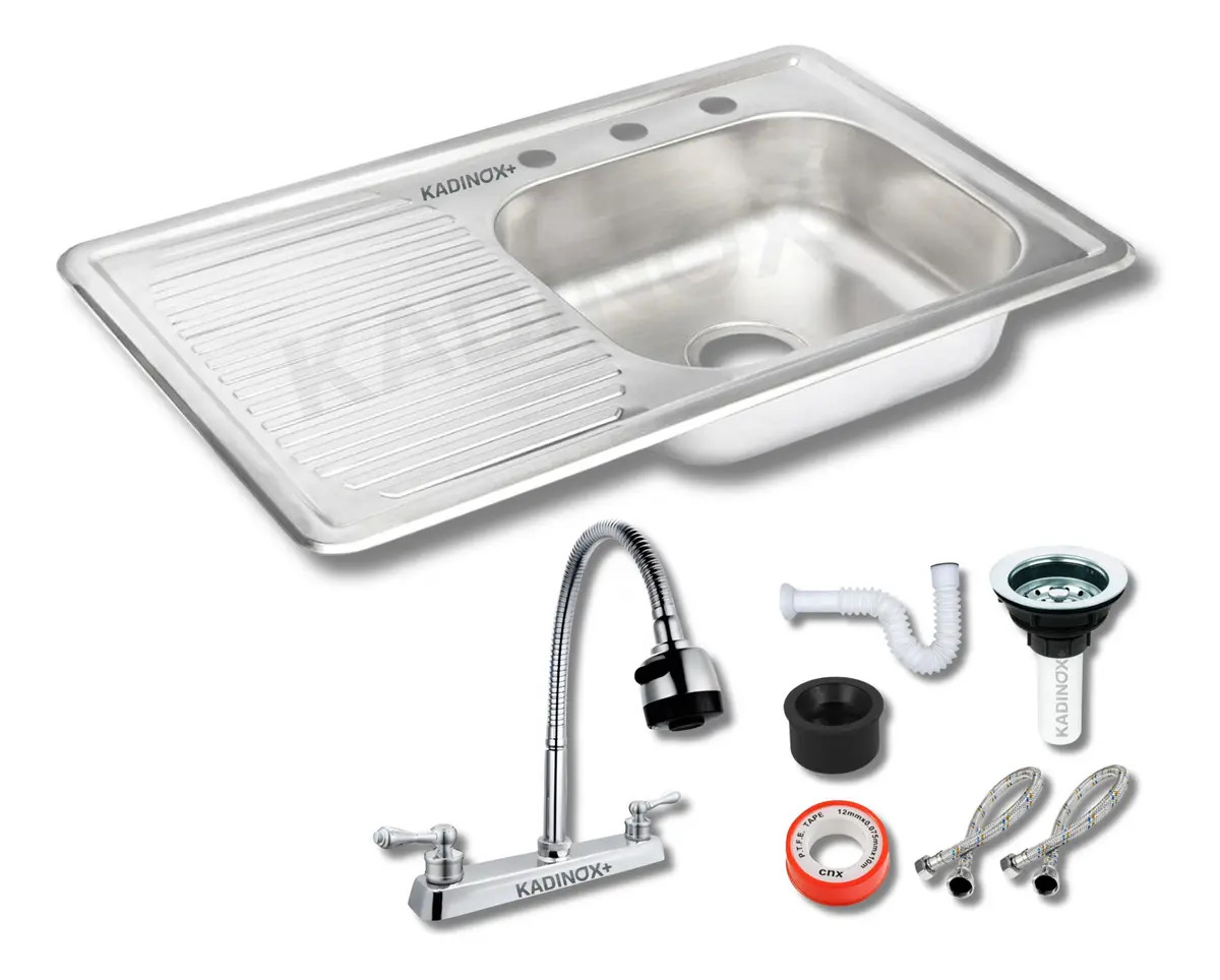 Fregadero Tarja Kadinox Plus Para Cocina De Empotrar Acero Inoxidable 80x50 Cm Con Kit De Instalacion Y Mezcladora Flexible Escurridor Izquierdo