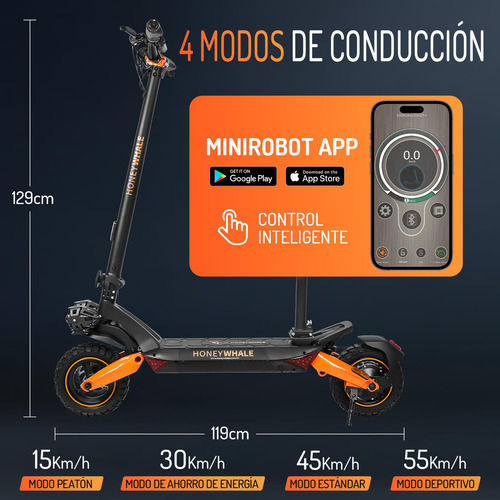 HONEY WHALE T8A Scooter Electrico Plegable 55KM/H-950W-50KM-15AH-(MAX)Velocidad-Potencia-Autonomía-Capacidad de la Batería, Patin Eléctrico Asiento Desmontable, Modo Crucero HONEYWHALE