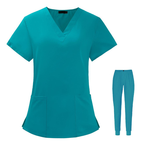 A Uniforme Scrub Set Top Y Pantalones Multibolsillo Escote