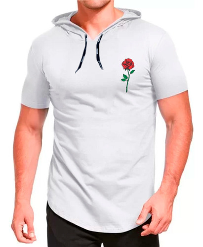 Camiseta Com Capuz Estampa Rosa Longline Masculina
