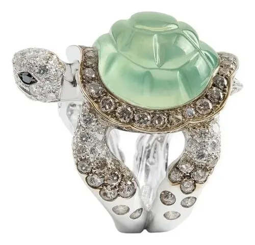 Anel De Tartaruga Verde Com Diamantes Para Mulher