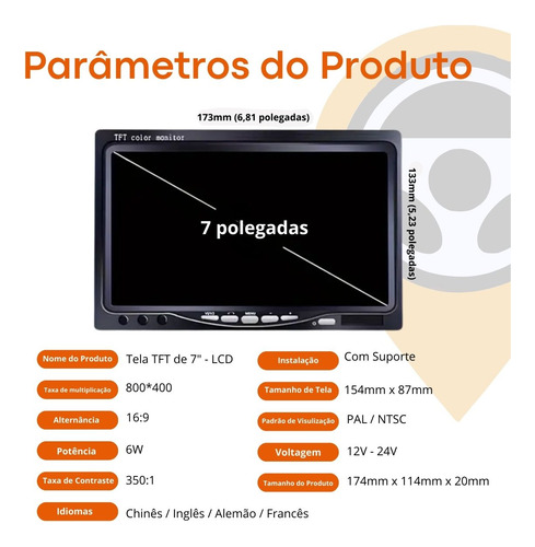 Display Lcd 7 Fio De Alimentação E Video Rca 15 Metros