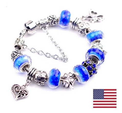 Las Mujeres 925 Plata Cristal Azul Lucky Clover Bolas Pulser