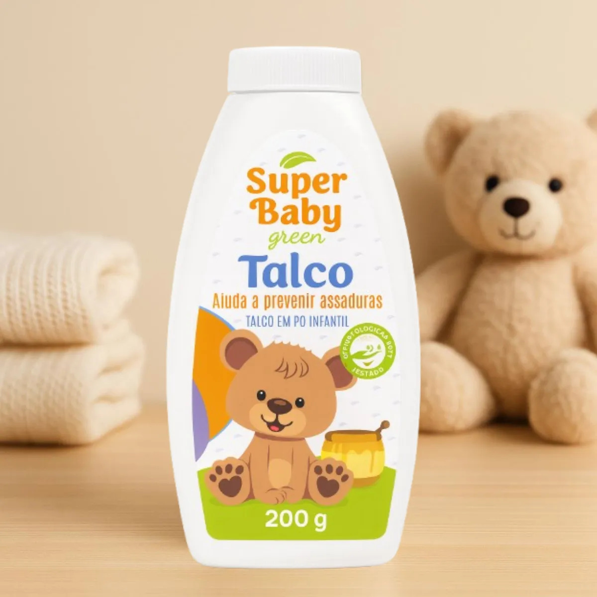 Talco BEEBIZZ SUPER BABY GREEN Dermocalmante em frasco 200 g Talco Infantil para Bebê Higiene Cuidados com a Pele e Uso Diário