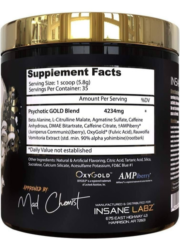 Pre Entreno Insane Labz Psychotic Gold 35 Servicios Dlc P1 Sabor Sandía Sandía