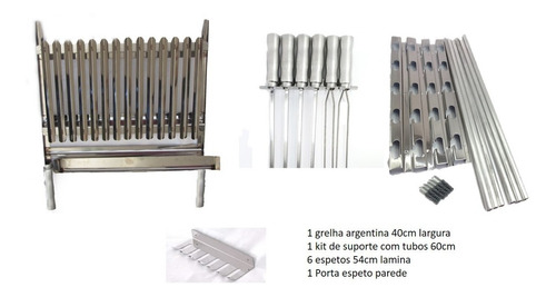 Grelha Argentina 40cm+ 6 Espeto + Suporte Churrasqueira 60cm