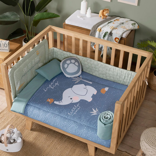 Juego Edredón Baby Safari Para Cama Cuna Corral Vianney Azul/verde Sublimado