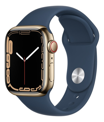 Apple Watch Series 7 (GPS + Cellular, 41 mm) - Caixa dourada de aço inoxidável - Pulseira esportiva azul-abissal
