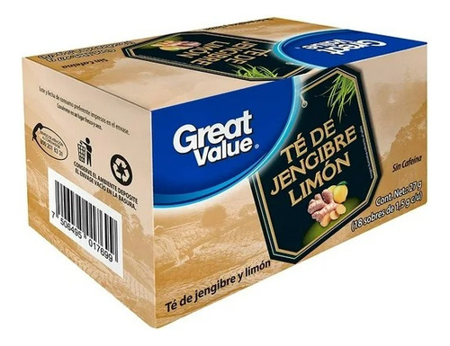 8 Pzas Té De Jengibre Y Limón Great Value 18 Sobres 1.5 G C