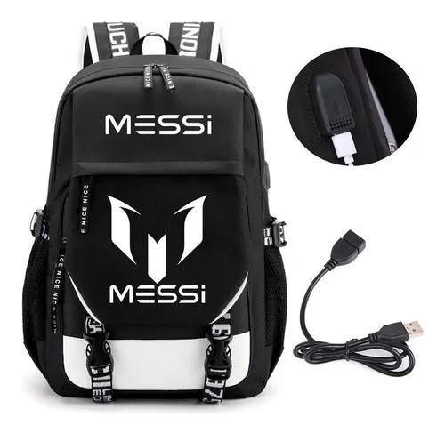 Mochila Fútbol Messi, Bolsa de viaje impermeable, Cargador USB incluido, Mochila escolar negra, Gran capacidad para viajes y escuelas