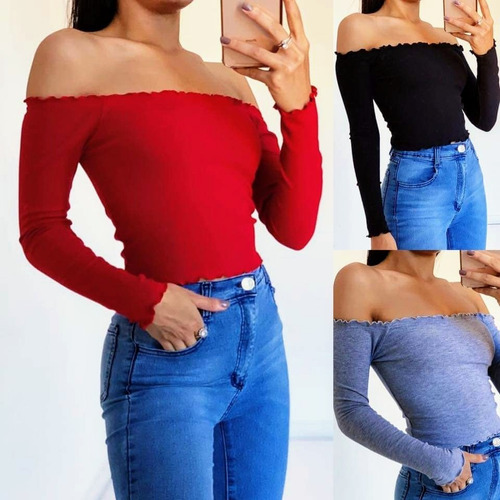 Top Crop Manga Larga Off Shoulder Remera Mujer Top Corto