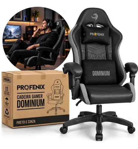 Cadeira Gamer Ergonômica Escritório Premium Profenix Preto Couro E Suede