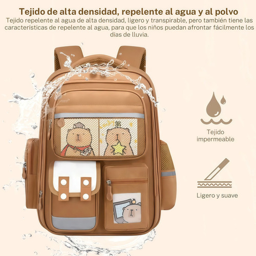 Mochila Capibara Escolar Kawaii Con Accesorios Compartimentos Premium Marrón Claro Tela De Oxford