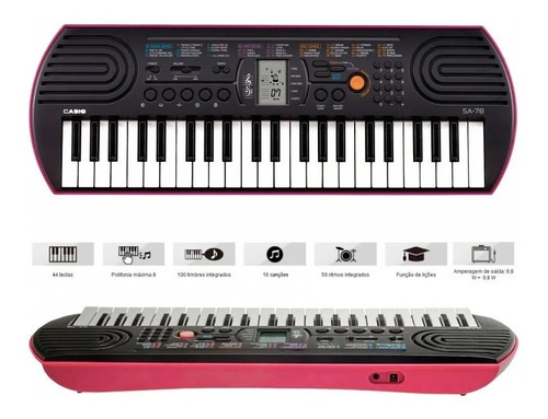 Imagem 5 de 11 de Teclado musical Casio Mini SA-78 44 teclas preto/rosa