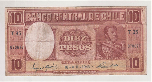 Billete Chile 10 Pesos 18 Agosto 1943 T35 (c85)