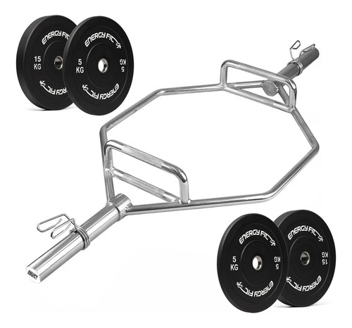 Barra Hexagonal Olimpica + Kit Discos Bumper 40 Kg Premium