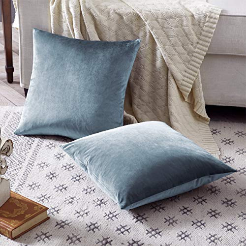 Funda De Almohada Decorativa 60x60 Cm Terciopelo Gris Y Azul