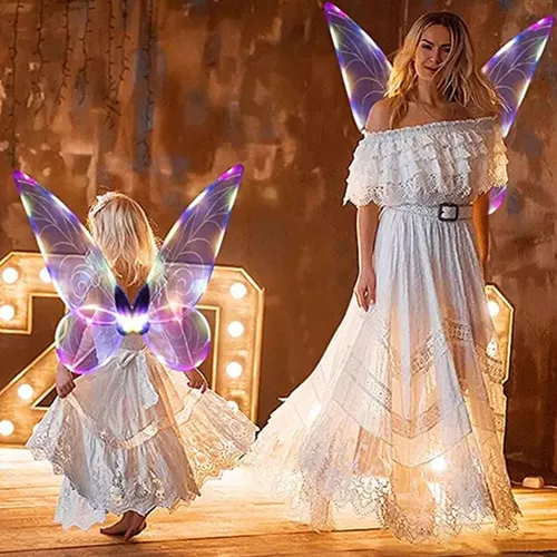 Disfraz de alas de ángel de plumas blancas iluminadas para niños y niñas,  alas de hadas negras con LED para mujeres, Halloween, cosplay, fotografía