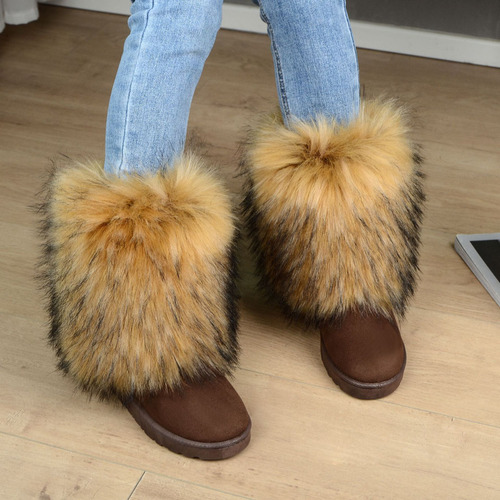 Botas Peludas Cano Médio Com Sola De Neve Em Imitação Pele