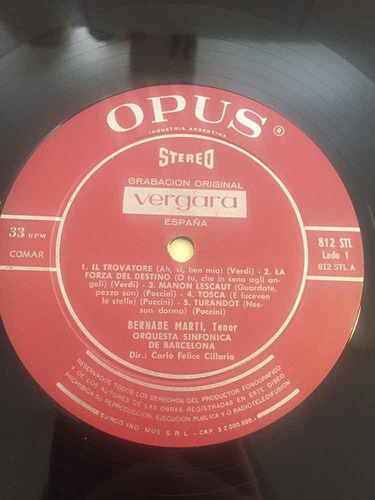 Disco Vinilo Lp Bernabe Marti Opus Vergara Arias De Opera (Usado)