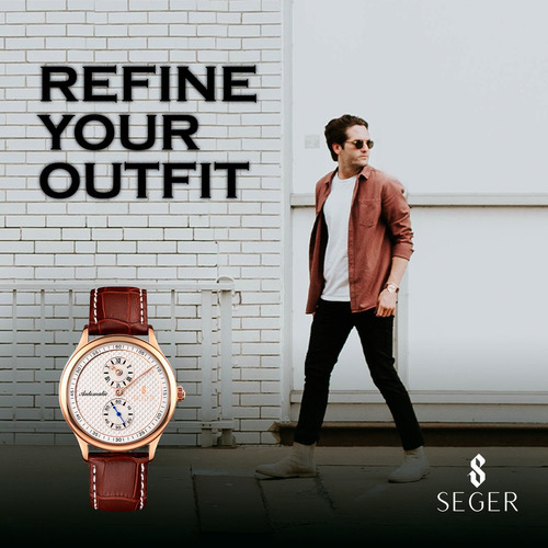 Imagen 2 de 8 de Reloj Hombre Seger 9238 Original Eeuu Cuero Elegante Color De La Malla Marrón Color Del Bisel Rosa Metalizado