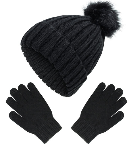 Mens Womens Winter Black Pompom Geanie Guantes De Guantes Tc