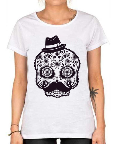 Remera De Mujer Calavera Mexicana Con Galera Dibujos Art