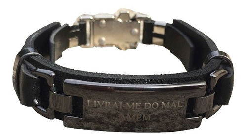 Pulseira De Couro Livrai-me Do Mal Amém Verniz Preto