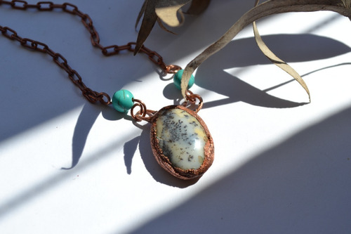 Collar Piedra Agata Y Howlitas Turquesa, Cadena Cobre, Cod1