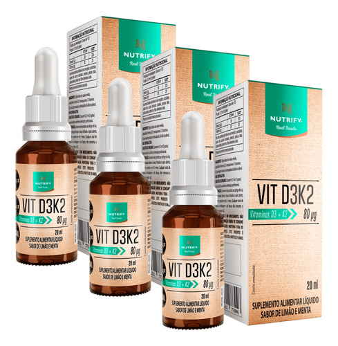 3x Vitamina D3 + K2 Sabor Limão E Menta Nutrify 20ml Sabor Sem Sabor