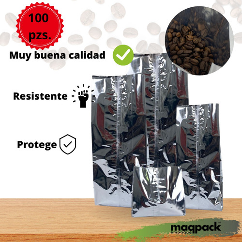 100 Bolsas Metalizada Para Cafe Con Fuelle 1000 Grs Plateada