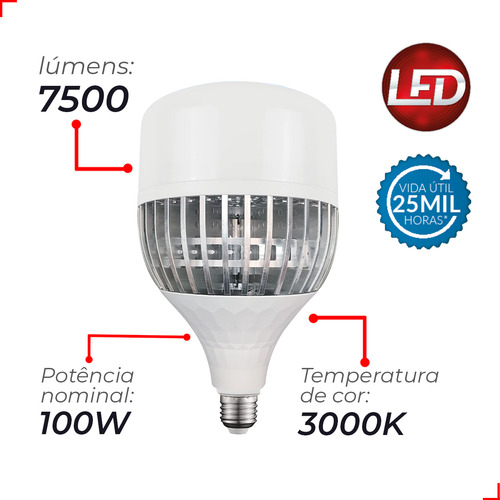 Lampada Led Bulbo Hp Alta Potência 100w 3000k Branco Quente E27 Bivolt Ip20 Branco Cod: 789811372 Avant