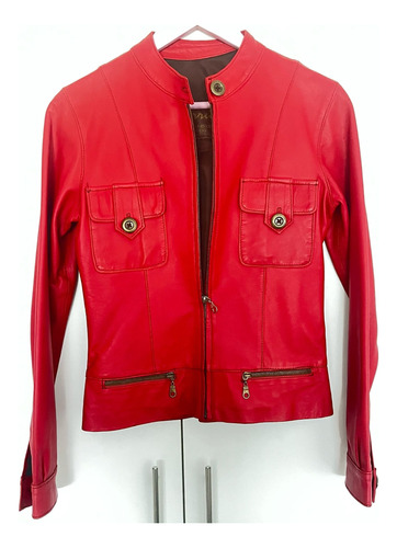 Campera Cuero Rojo, Forrada Con Bolsillos Y Botones