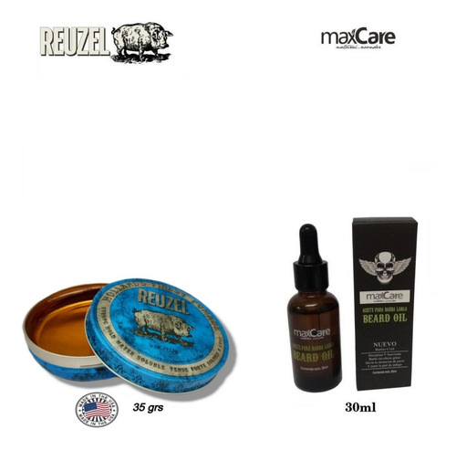 Kit Aceite Barba, Cera Capilar Reuzel Blue Strong Barberia 