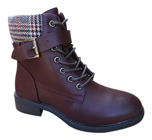 Botin Mujer De Cuero Pu Diseño Escoces Casual Marrón - 7145