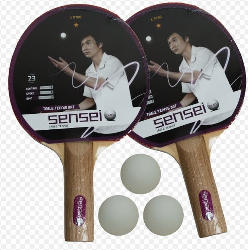 Imagen 1 de 2 de Set Ping Pong Sensei Tenis De Mesa Kit 2 Paletas + 3 Pelotas