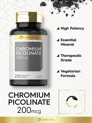 Picolinato De Cromo 200mcg (250 Tabletas) Carlyle Hecho Usa Sabor Nd