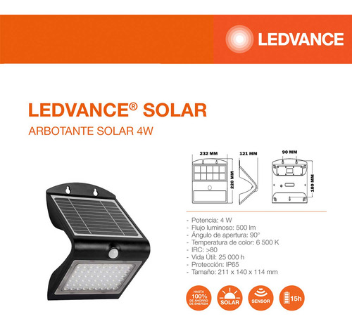 Arbotante Solar Para Exterior Led Sensor Ledvance 89544 4w
