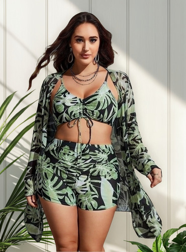 3 Piezas Traje De Baño Mujer De Talla Grande Playa Y Kimono