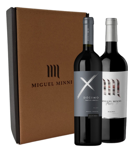 Vino Decimo + Miguel Minni Malbec. Estuche Carton Grabado