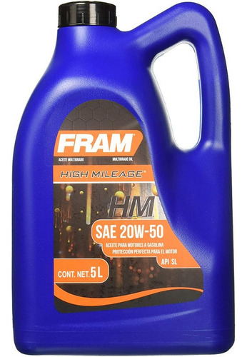 Aceite Motor Auto Fram 20w50 Alto Kilometraje 5l