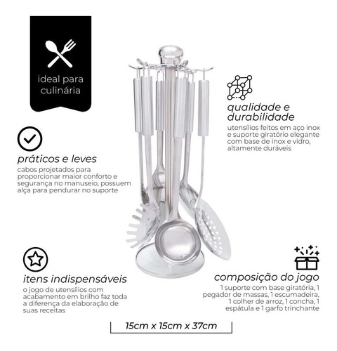 Imagem 4 de 10 de Jogo De Utensílios Inox Suporte Giratório 7 Peças Mimo Style